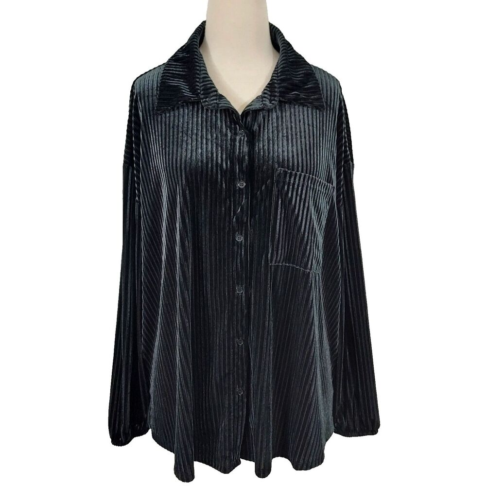 Terra & Sky Tunic Top Shirt Stretch Velour Velvet Womens 1X Button Up Black